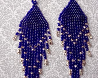 Navy Blue Beaded Chandelier Earrings