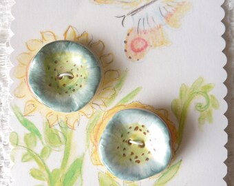 Blue Hollyhock Buttons, Ceramic Porcelain Clay, Blue and Lime Green with Brown Highlights