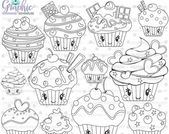 Cupcake Stamps Sweet COMMERCIAL USE Digi Stamp Digital Image Party Digistamp Coloring Page Graphic