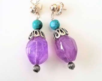 Carolyn Pollack Relios Sterling Silver Amethyst Turquoise Dangle Earrings