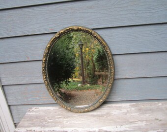 Vintage 1940s Ornate Beveled Oval Wood and Gesso Wall Hanging Mirror
