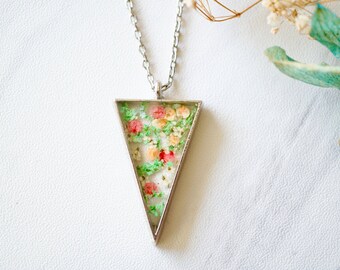 Real Pressed Flower and Resin Necklace Silver Triangle in Green Pink and Orange