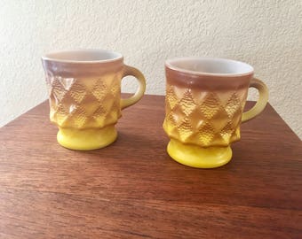 Vintage Set of 2 Fire King Kimberly Mugs in Yellow/Brown Color