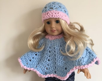 Pink doll hat and poncho set with blue trim will fit American girl doll, and other 18 inch dolls), doll clothes, doll hat, doll poncho, pink