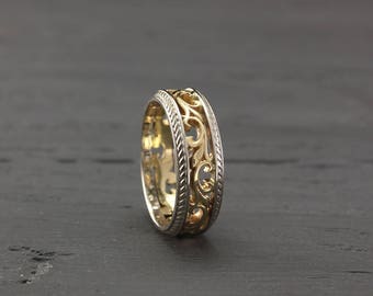 Mixed metals vintage style wedding band, Silver and Gold vine wedding ring, Filigree ring, Unique nature wedding band, Anniversary ring,