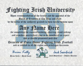 NOTRE DAME fighting irish~ basketball ~ football fan ~certificate ~ diploma ~gift ~sign ~ man cave ~ office ~ dorm