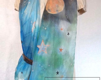STARRY NIGTH FULL Moon hand painted silk scarf/white,copper,gold black stars all over/charcoal royal blue ombre sky/original wearable art