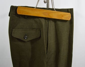 Vintage 1970s Green Wool Serge Military Trousers Size 28x31