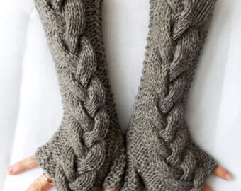 Taupe Fingerless Gloves Wrist Warmers, Cabled, Extra Long and Soft, Greyish Brown
