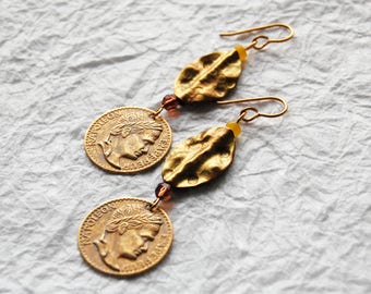 Gold Wavy Hammered Solid Brass Leaf & Greek Coin Earrings, E041713 Mykos Earrings