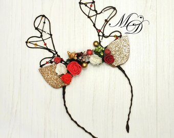 Deer antler headband Reindeer headband baby Christmas Antler headband Antler flower headband Christmas party headband Deer headband adult