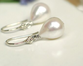 Teardrop Pearl Earrings | White Freshwater Drop Pearls | Argentium Silver Dangles | June Birthstone | Bridal Bridesmaid Gift | Ready to Ship