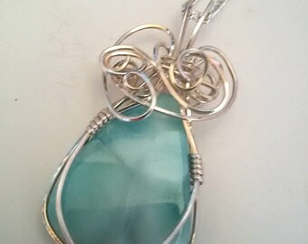 Larimar pendant, larimar pendant wrapped in sterling silver wire, larimar pendant necklace.