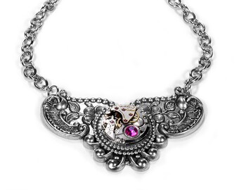 Steampunk Jewelry Necklace CERTINA Watch Silver ORNATE VICTORiAN Cartouche Pink Crystal Anniversary Mothers Day Gift - Jewelry by edmdesigns