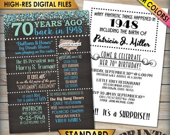 70th Birthday Invitation, 1948 Invite, Born in 1948 Flashback 70 Years Ago, 70th Invite, PRINTABLE 70th Bday 5x7” Chalkboard Style Invite