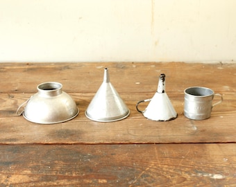 Collection of Primitive Rustic Vintage Metal Enamel Funnels for Display Industrial Farmhouse Style