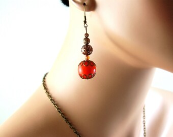 Orange Earrings, Copper earrings, Dangle Drop Boho Chic earings, Copper Jewelry, Bohemian earrings, Long earrings Jewelry sets, Gift for her