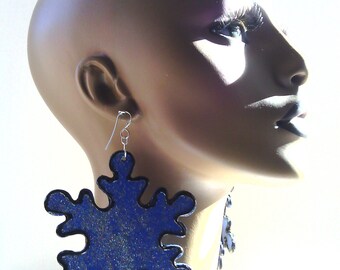 Uniquely Shaped Hand Painted Wooden Earrings with Multi Color Glitter , Large Earrings, Womens Earrings, Wooden Earrings, Big Earrings