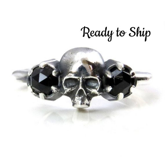 Ready to Ship Size 5.5 - 7.5 - Skull Ring - Rose Cut Black Spinel and Sterling Silver - Gothic Engagement