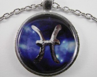 Men's PISCES ZODIAC SIGN Necklace -- Zodiac jewelry, Blue or Red with Silver, Astrological birthday present, Steampunk Pisces