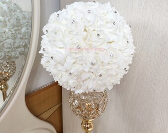 WHITE Flower Ball With DRAPING PEARLS. Wedding Decor Bridal