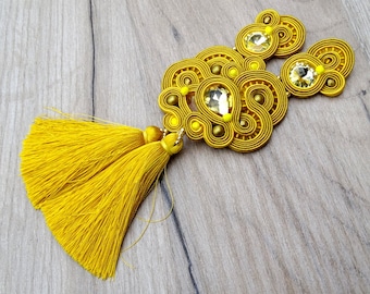 Yellow Gold Tassel Earrings, Long Clip on Earrings with Crystals, Soutache Earrings, Sparkling Tassel Earrings