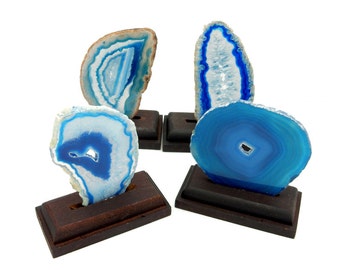 Blue Agate Slice in Wood Base - Home Decor Piece - Boho Style - Hand Selected Agate Slices (RK15B4)