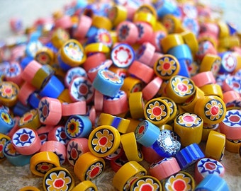 Vintage Millefiori Glass Cane Slices 5-6mm for Lampworking lot of 15 pieces Pink Yellow Blue