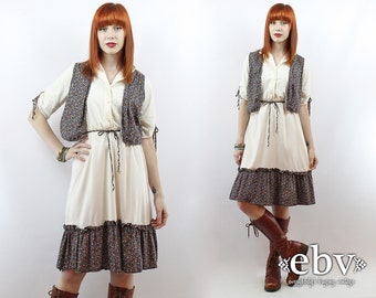 Vintage 70s Cream Boho Dress + Floral Vest Set S M Hippie Dress Boho Dress Floral Dress Vested Floral Dress Two Piece Set Matching Set
