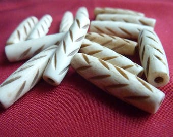 Carved bone tube beads 14 * 2.5 cm * old stock India 1992