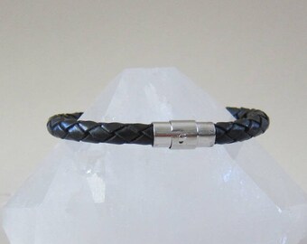Black Leather Bracelet / Magnetic Locking Clasp