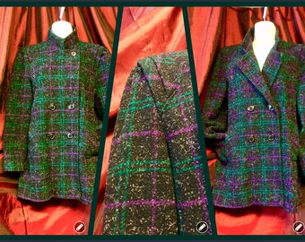 Vintage 80s 90s plaid coat blazer black purple and teal peacoat winter jacket princess shoulder pads