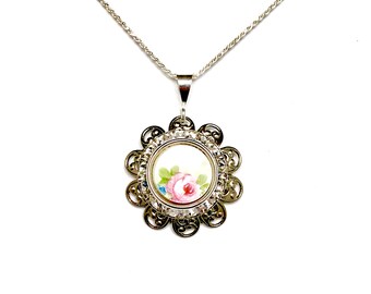 Rose Necklace, Broken China Jewelry, Swarovski Crystal Necklace, Pink Flower Necklace Jewelry