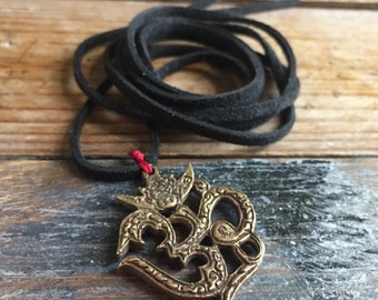 Black Vegan Leather + Brass Om | Adjustable Choker Necklace | Reiki Love Infused | Spiritual Junkies | Yoga + Meditation