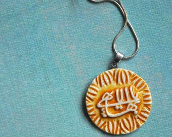 The Greatest Name--- handmade pottery pendant necklace- Orange and White