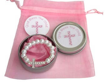 Children's 1st Communion ~ Baptism Glass Pearl Sideways Cross Stretch Bracelet ~ Gift Tin Keepsake Package With Card ~ 4"- 5" - 6"