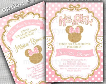 Pink and Gold Baby Shower Invitation, Minnie Inspired Baby Shower Invitation, Girl Baby Shower, Gold Glitter invitation, Printable invite