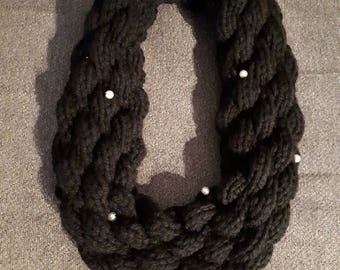 Black cowl scarf with white pearls