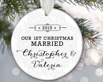 Our First Christmas MARRIED Ornament Wedding Gift Personalized Christmas Ornament Bridal Shower Gift Custom Ornament Vintage lace OR351