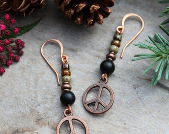 Black Onyx Peace Sign Earrings, Peace Sign Earrings, Copper Earrings, Hippie Earrings, Hippie Jewelry, Boho Earrings, Black Onyx, Peace Sign