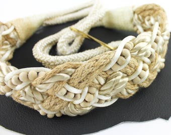 Cream and Tan Braided Rope and Beaded Vintage Elastic Belt