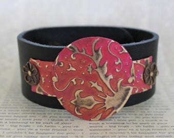 Leather Bracelets for Women, Leather Cuff Bracelets, Vintaj Jewelry, Pink Red and Yellow Jewelry, Bracelet, Cuff Bracelet,, Boho Jewelry
