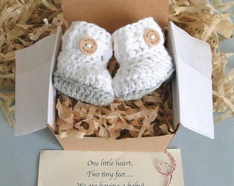 Pregnancy Reveal to Grandparents, Baby Announcement, Baby Reveal, BOOTIES IN A BOX® Ribbed Cuff, Newborn Baby Booties, Ready To Ship