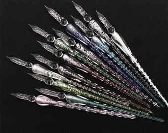 Fancy Glass Dip Pen 1pc Hand Blown Glass Signature Pens Vintage Elegant Crystal Spiral Nib Pen Art Glass Silver Foil Leaves Pen Writing Gift
