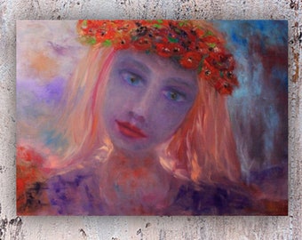 mermaid art purple folk girl modern home decor flower wreath dark OOAK wall gift men spirit companion original oil painting on canvas й8