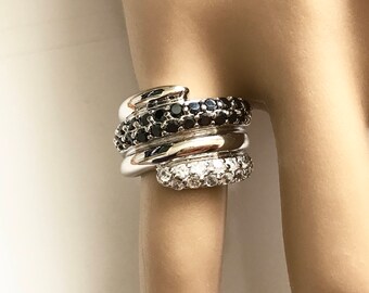 Sterling Silver Black & White cz Bypass Ring - Size 5.5