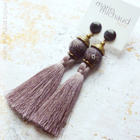 Tassel earrings,Grey earrings,Long earrings,Silk tassel earrings,Luxurious earrings,Statement earrings,Tassel jewelry,Boho chic earrings