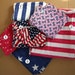 July 4th cotton material, fabric red white blue stars stripes flags 6 different designs 2 stripes 2 stars 2 flags