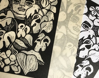 Who's Hiding in the Bushes // Fine art lino print