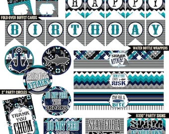 Shark Attack Digital Printable Boys Ocean Under The Sea Birthday Party Printables Package INSTANT DOWNLOAD